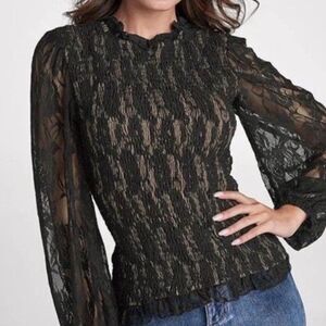 Venus Top Womens Small Smocked Lace Bodice Sheer Sleeve Whimsigoth Coquette